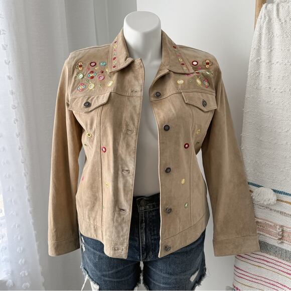 Chico's Jackets & Blazers - Chico’s Tan 100% Genuine Leather Embellished Embroidered Boho Jacket Women’s M